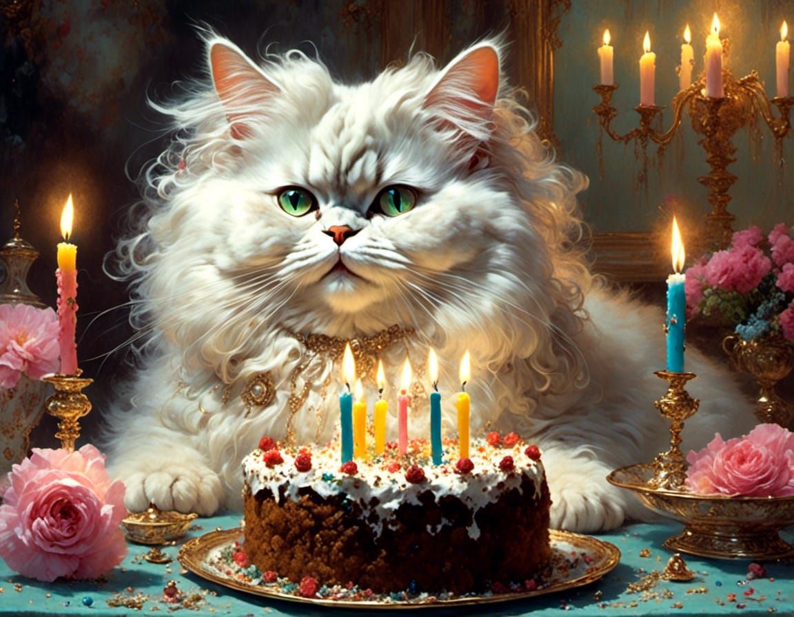 birthday cat, with a big catnip cake