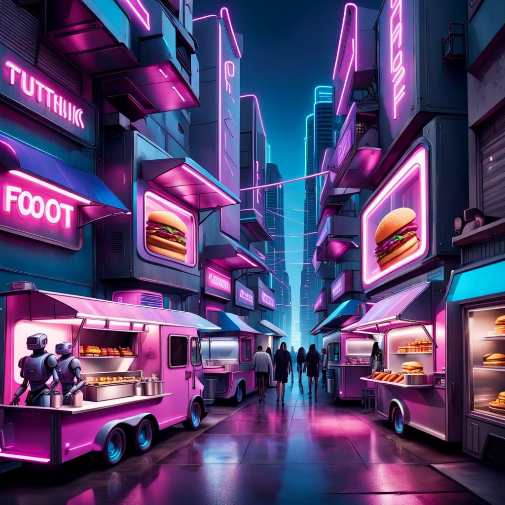 Futuristic Food Trucks on Neon Lit Street