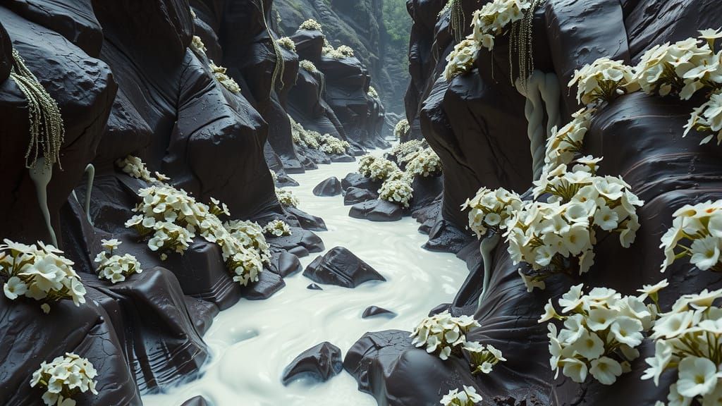Chocolate River in Canyon with Flowers, Alcohol Ink Style