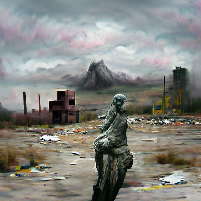 Post-Apocalyptic Landscape with Crumbling Statue
