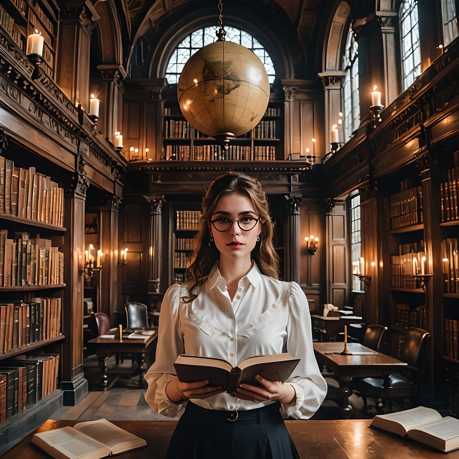 Girl Reaching for Book in Gothic Victorian Library