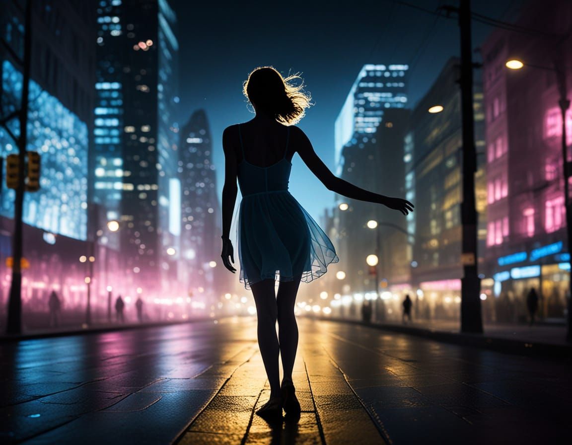 Surreal Street Art of a Pink-Toned Dancer in a Nighttime Cit...