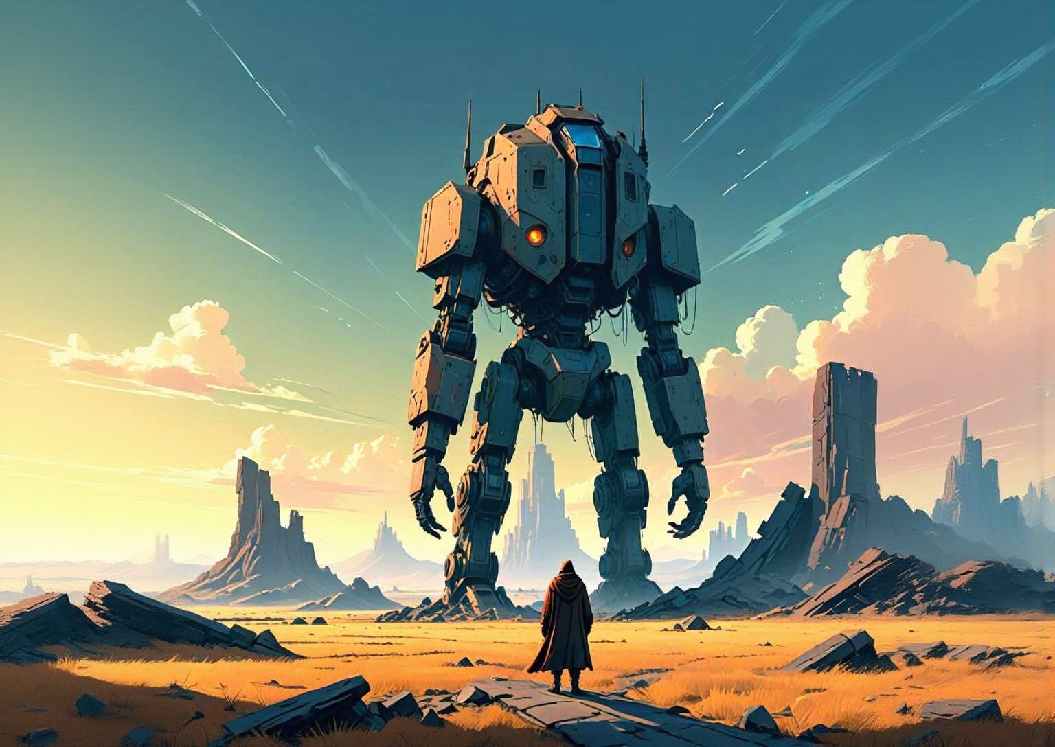 Solitary Figure Amidst Ancient Cosmic Ruins