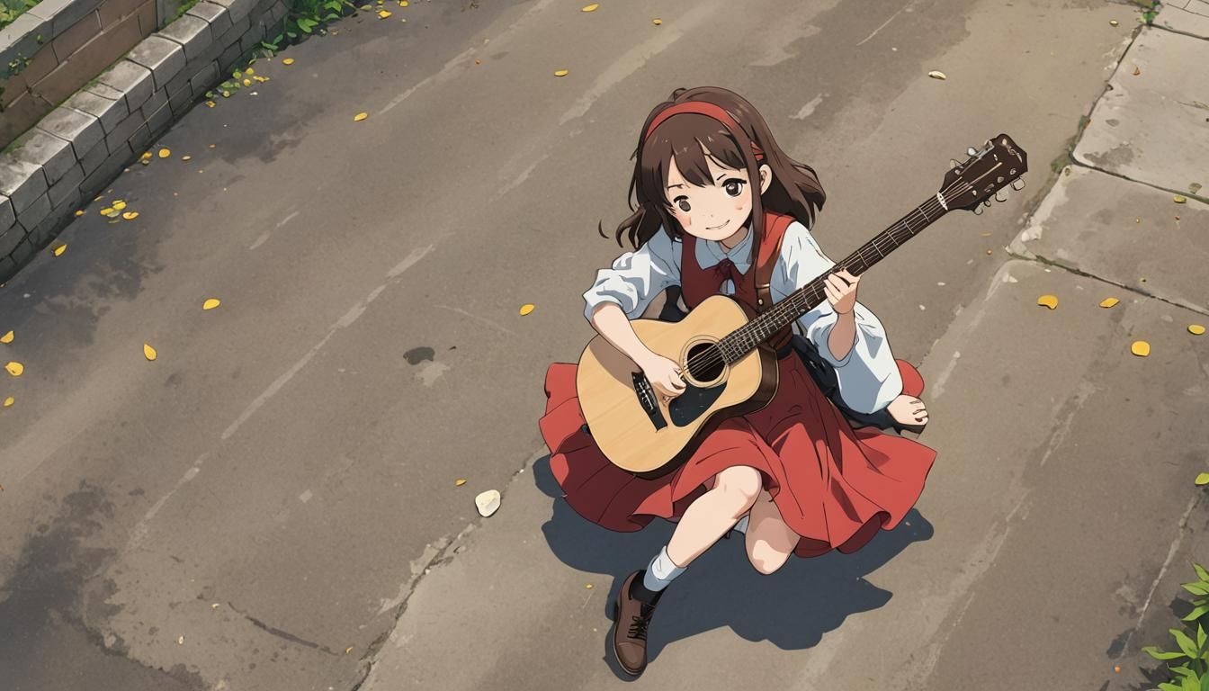 Cute Ghibli Girl with Guitar in Anime Style