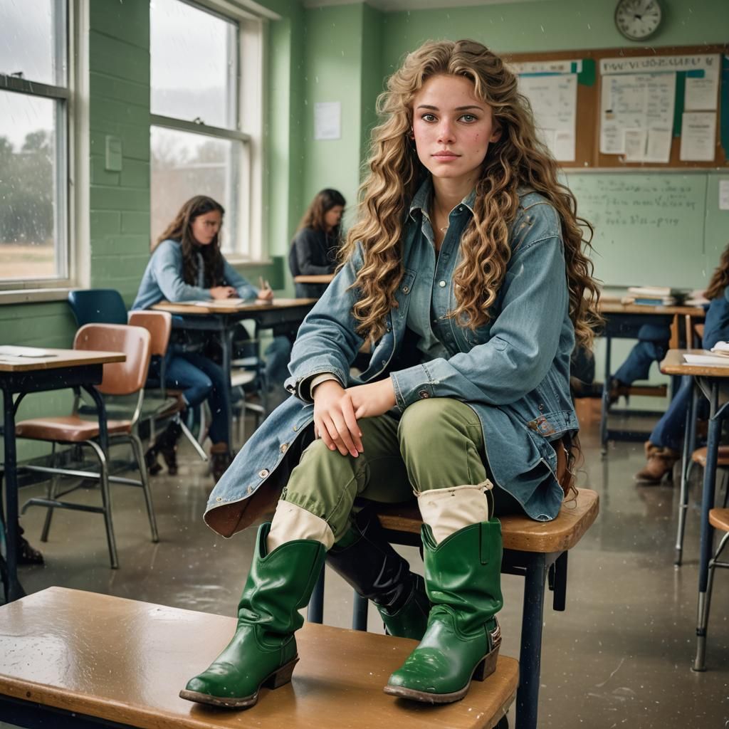 Girl in Classroom with Green Eyes and Cowboy Boots