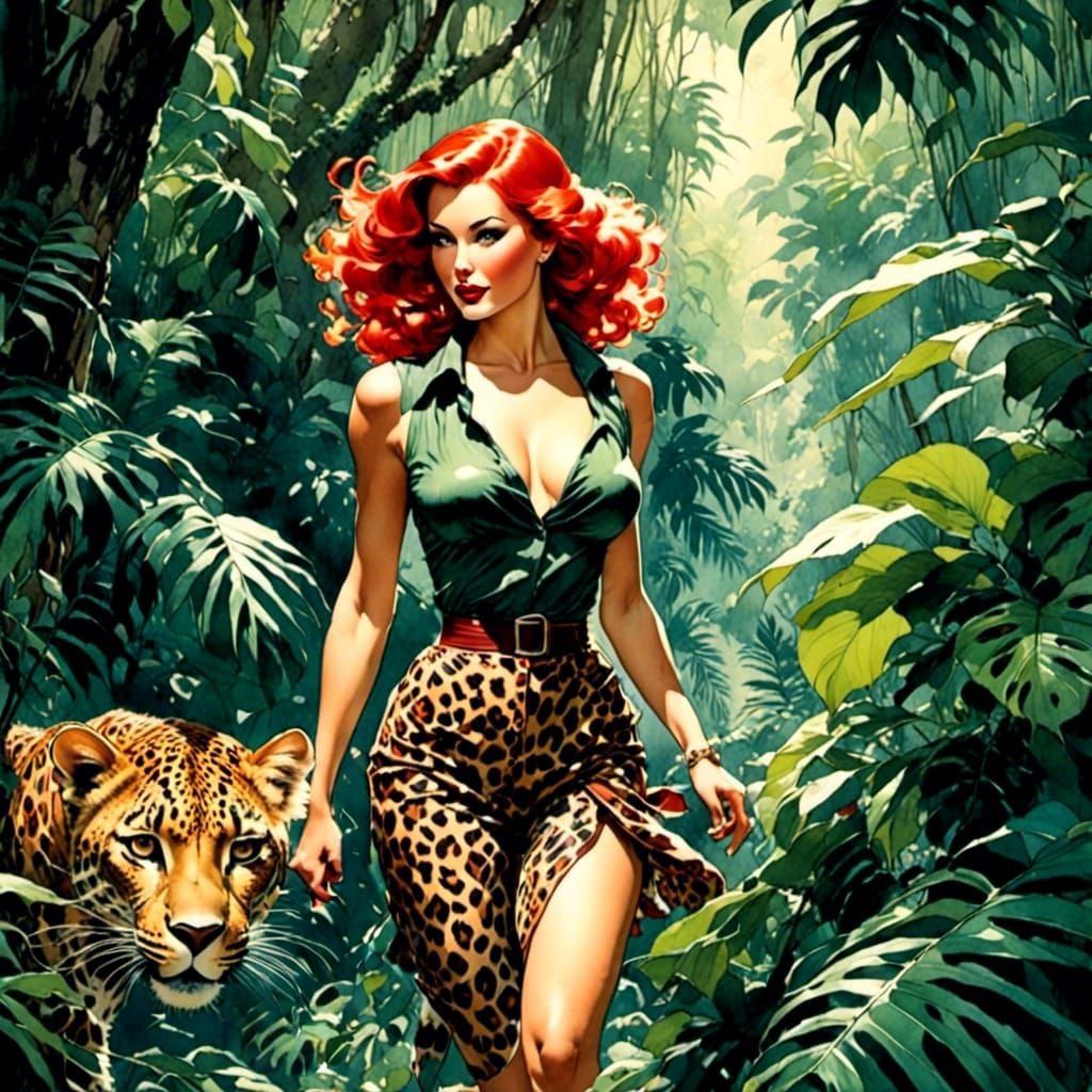 Watercolor Woman with Leopard in Jungle Illustration