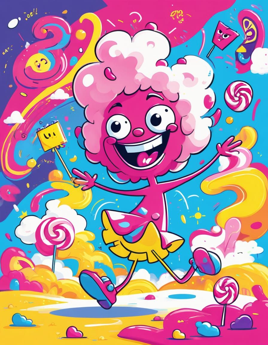Joyful Cartoon Character Dancing Through Candy Floss Field