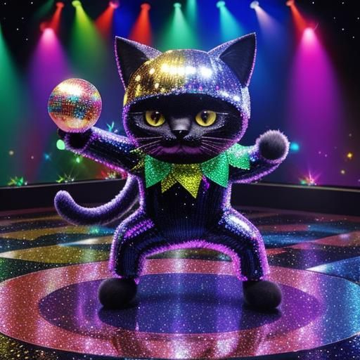 Cat Disco Dancer on Dance Floor with Disco Ball