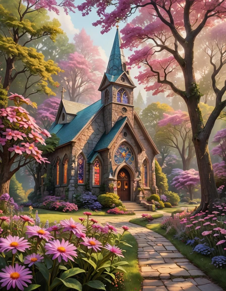 Dreamy Country Church with Pink Asters