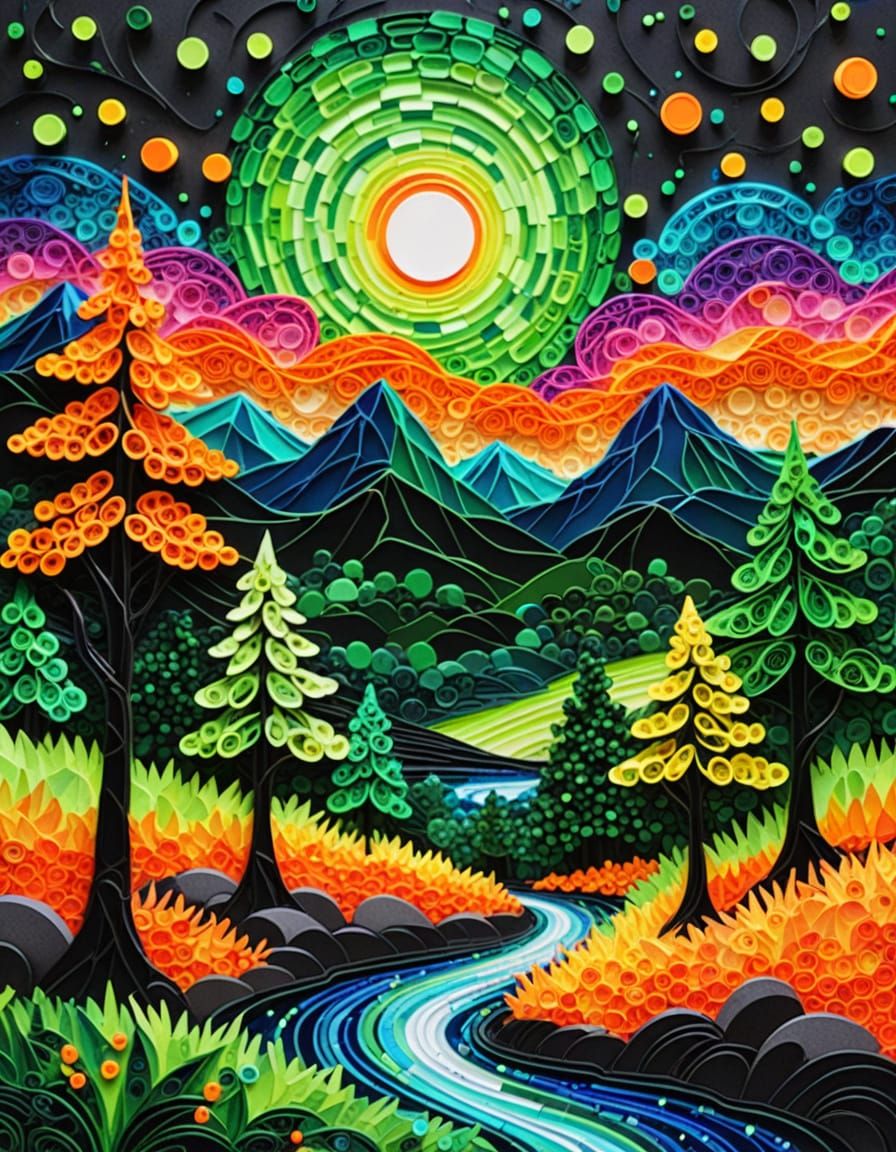 Neon Pointillist Landscape with Geometric Quilling