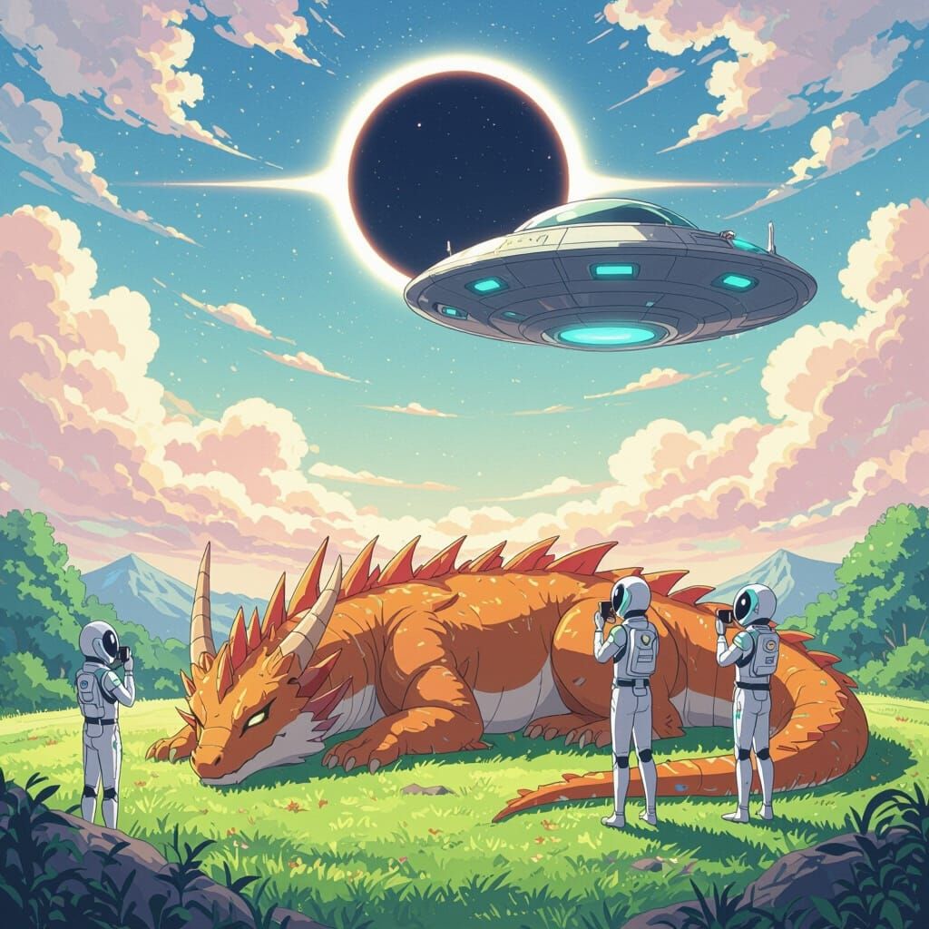 Dragon and UFO Photo Op in Anime Style