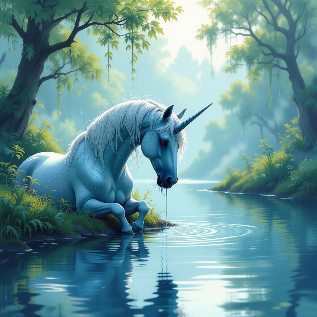 Melancholic Horse Dragon Weeping by Lake: Watercolor