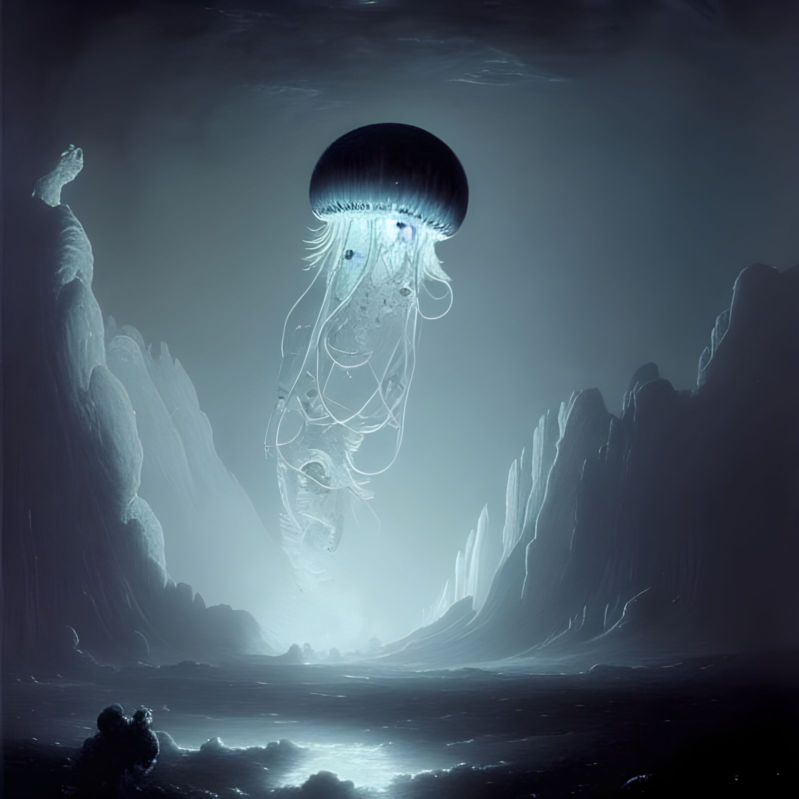 Ethereal Jellyfish on Lunar Surface with Lightning