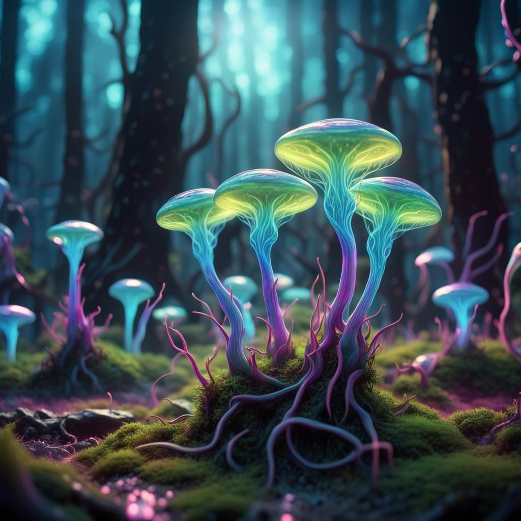 Alien Seedlings Sprout in Iridescent Forest
