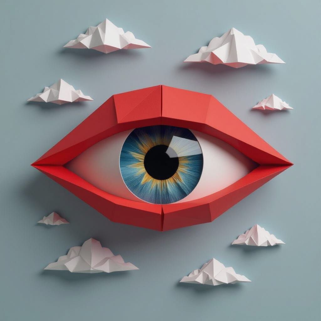 Red Eye Reflecting Mountain Landscape in Origami Style