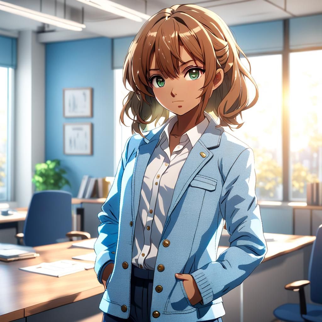 Anime Woman in Light Blue Tweed Jacket