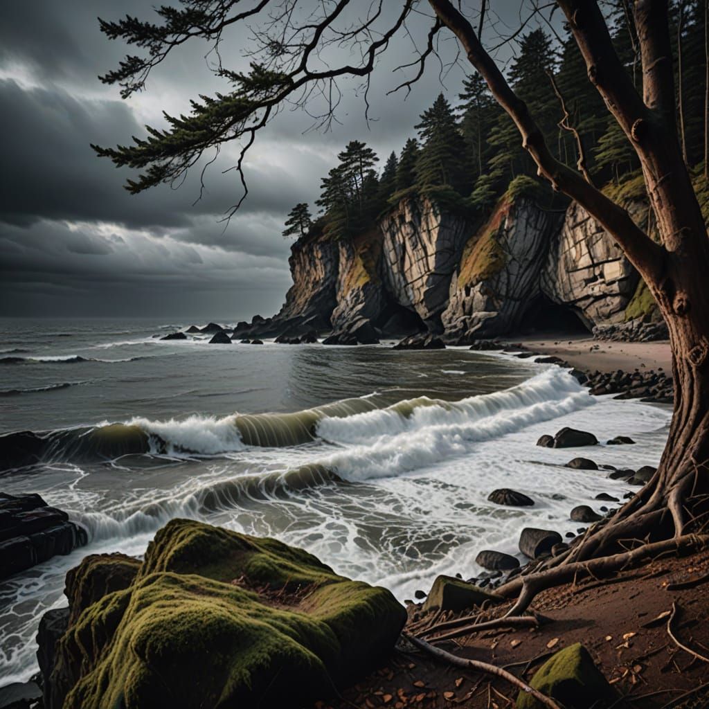 A Serene Coastal Landscape in Hyperrealistic Detail