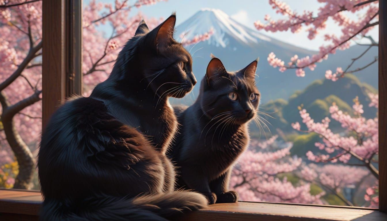 Enchanted Feline Gaze Upon Vibrant Pink Cherry Blossom Lands...