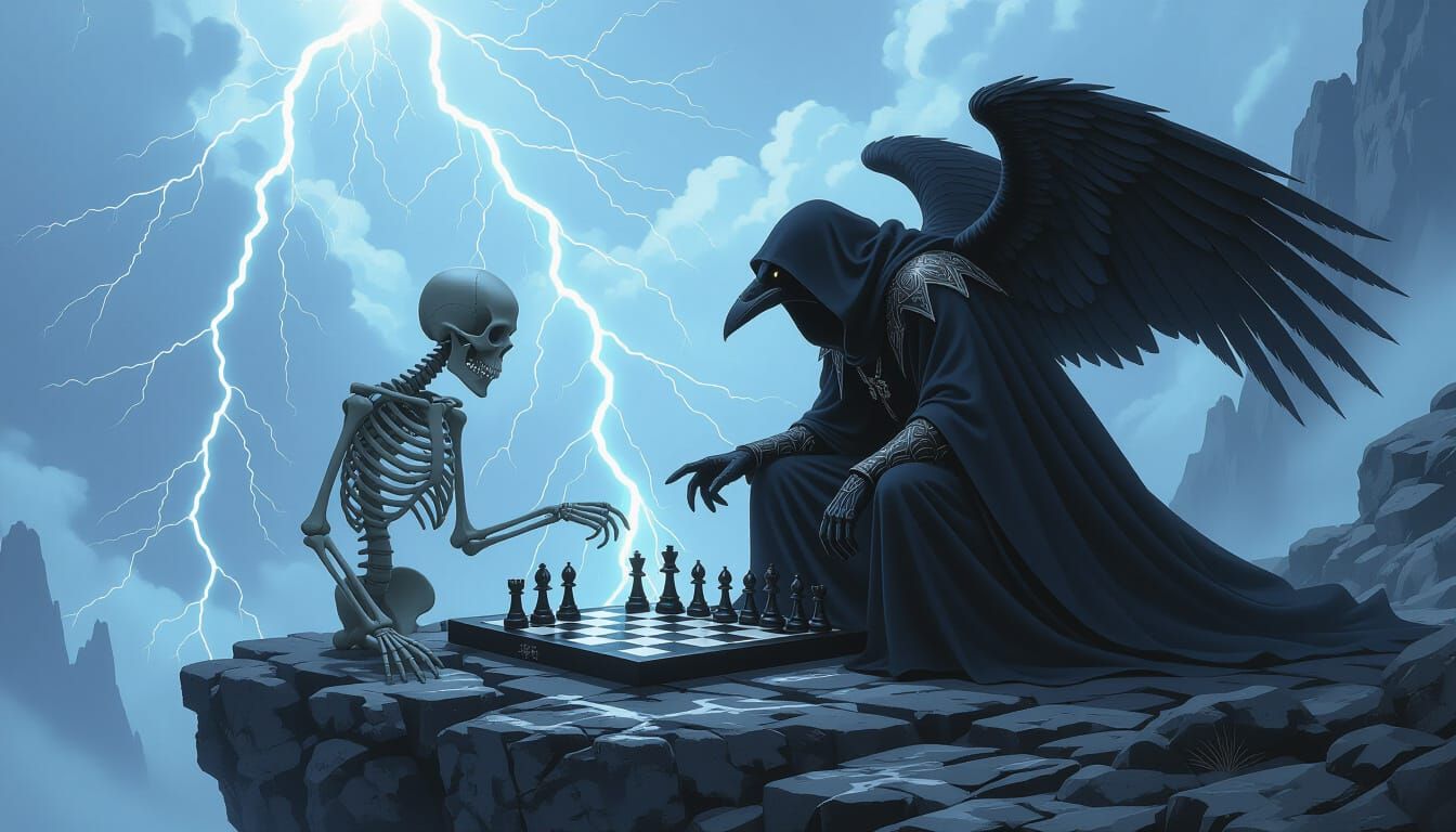 Raven Reaper Battles Skeleton on Lightning Chessboard