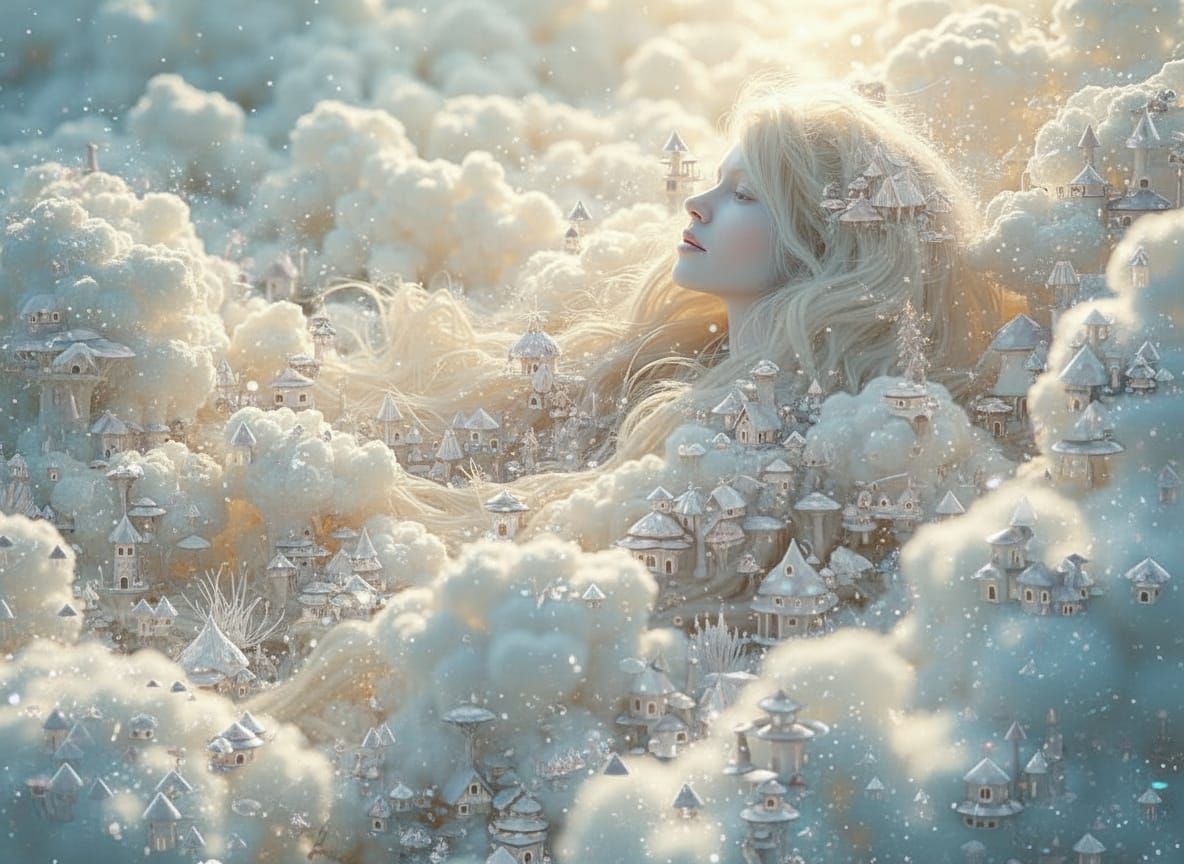 Ethereal Cloud Lady Overlooking Fairy Villages