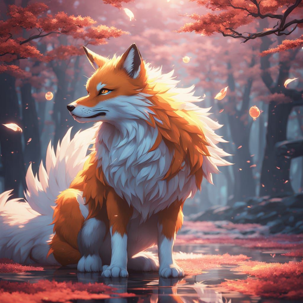 Surreal Nine-Tailed Fox in Ethereal Forest Glade