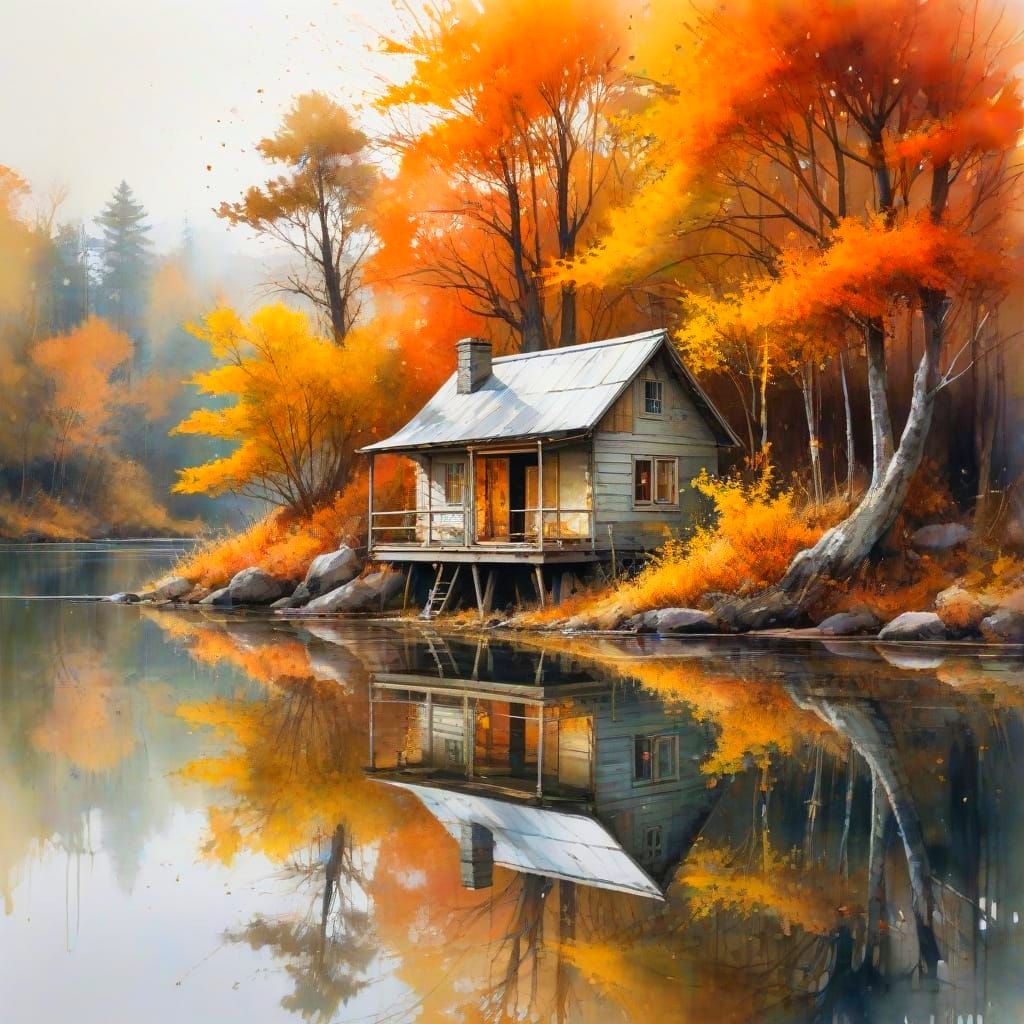 Autumn Cabin Serenity Amidst Flickering Leaves