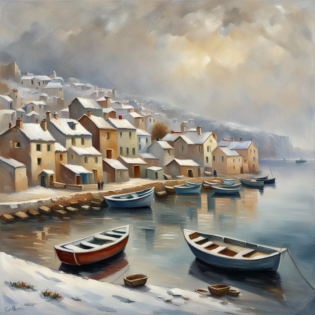 Mediterranean Fishing Village in Winter: Impressionist Lands...