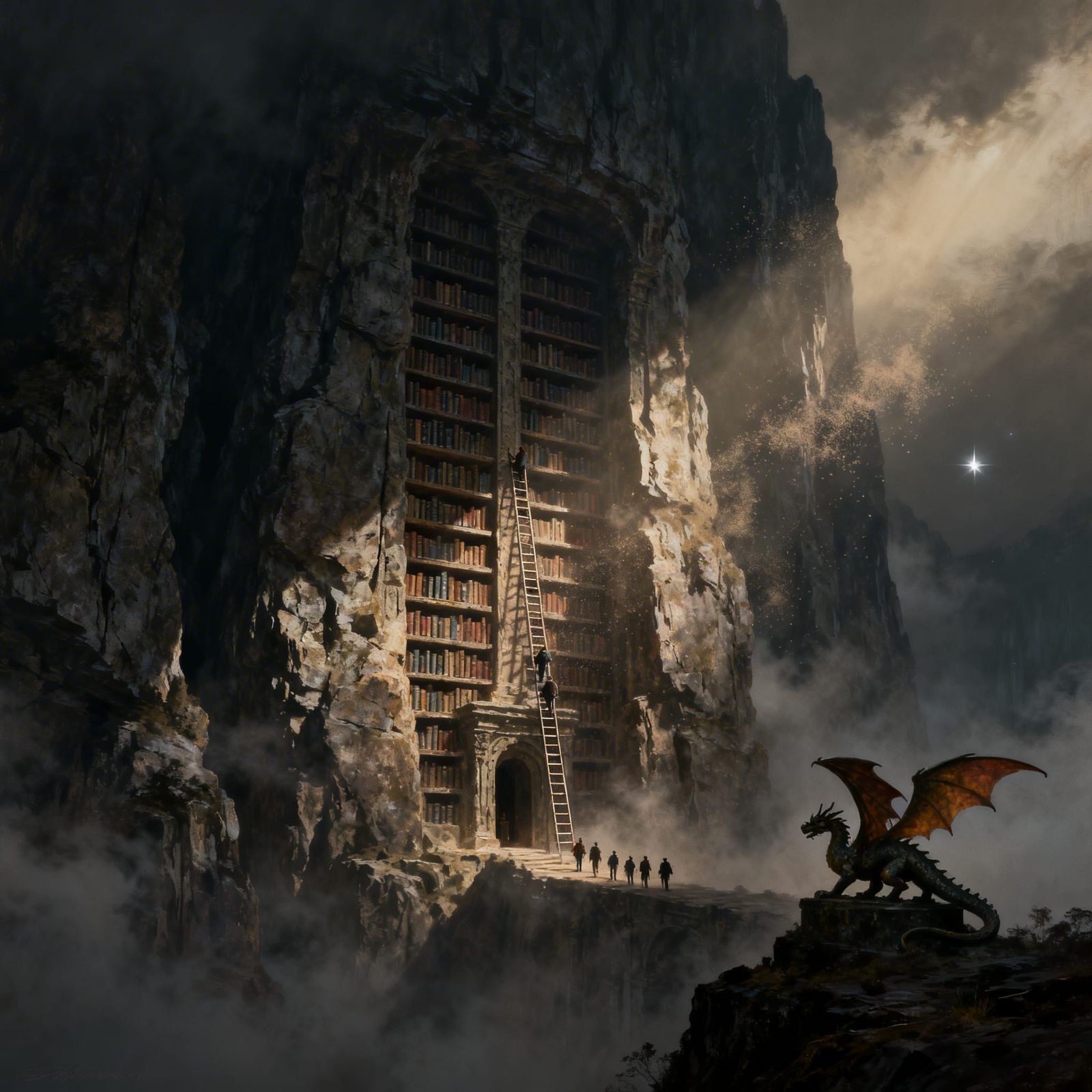 Ancient Cliffside Library in Dark Fantasy Concept Art Style