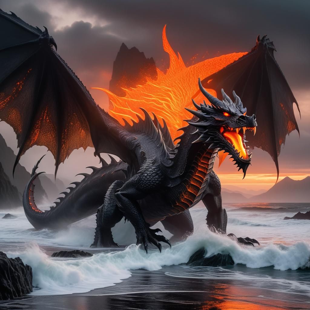 Majestic Black Dragon Before a Turbulent Sea