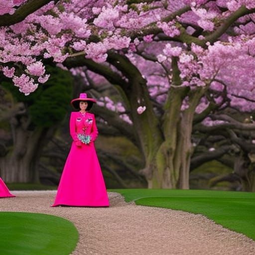 Glamorous Cowgirl in Cherry Blossom Garden