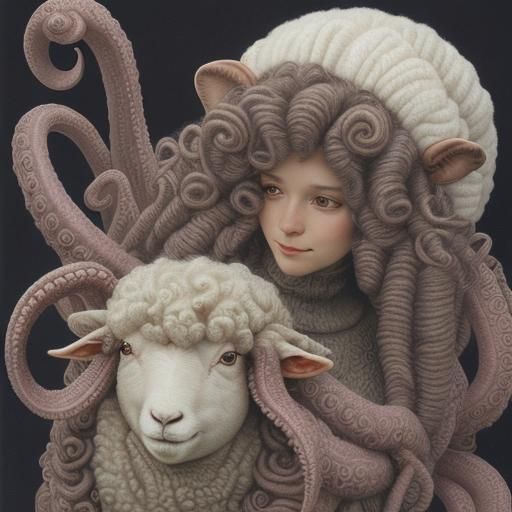 Surreal Sheep with Tentacle Wool, Inspired by Sci-Fi Art