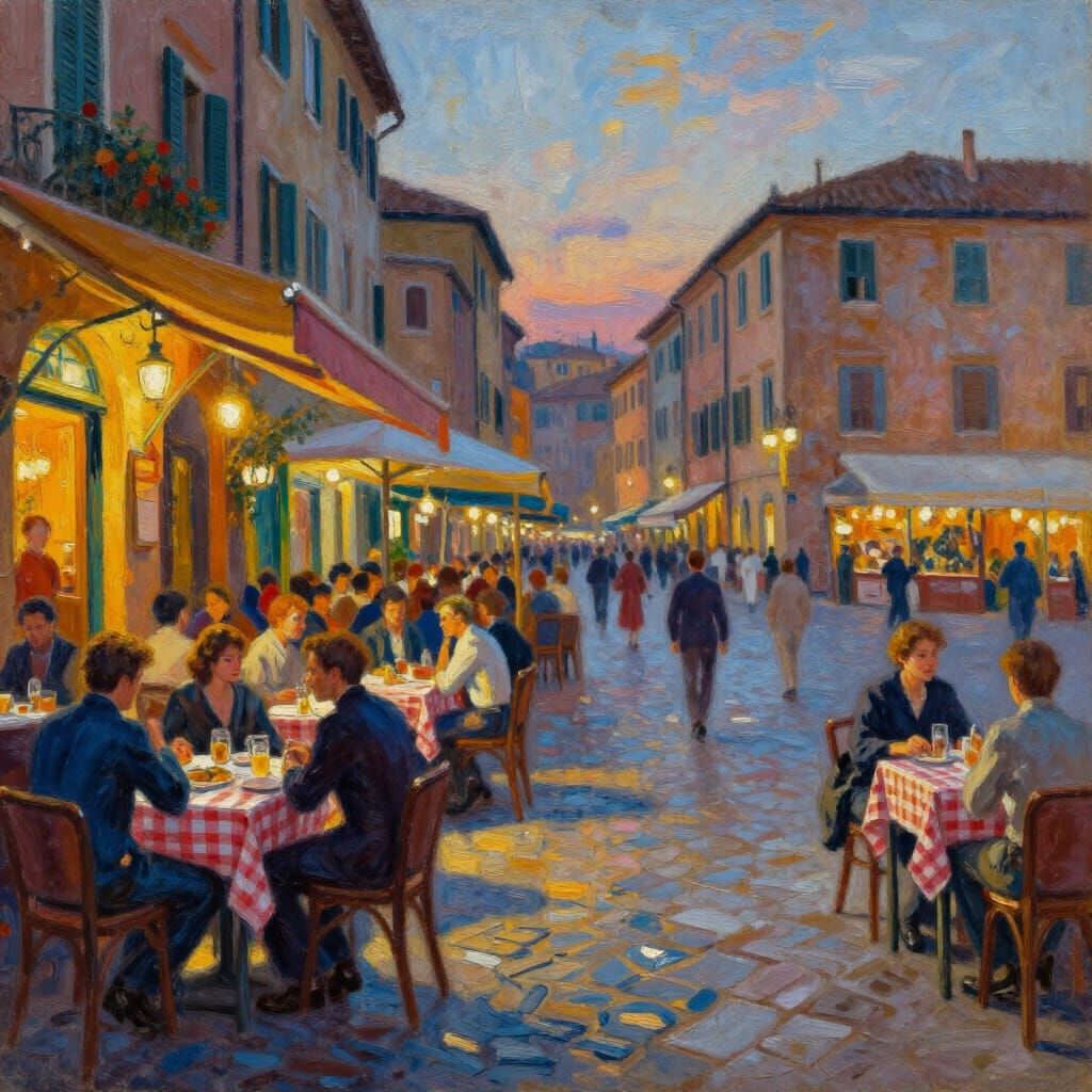 Vibrant Impressionistic Oil Painting of a Bustling Italian P...