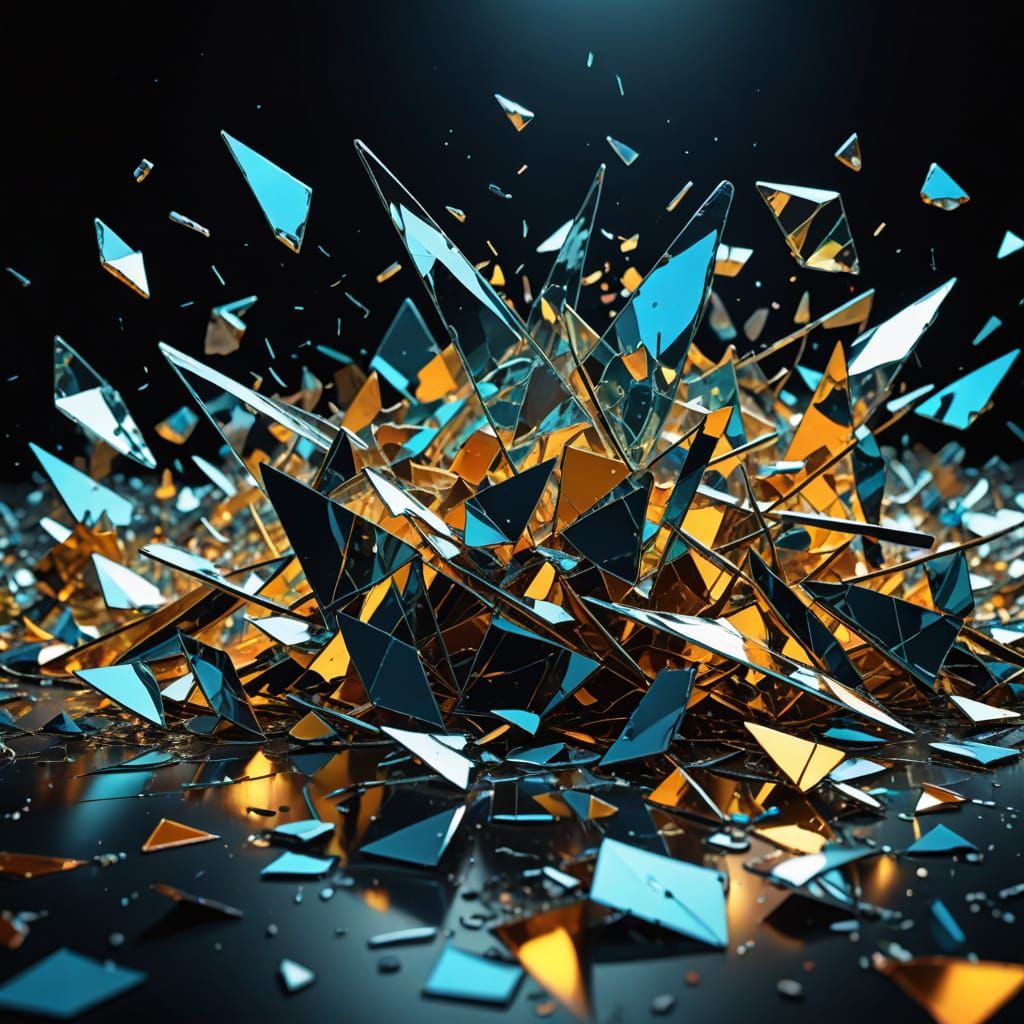 Shattered Glass Reflecting Light in Surreal Macro Photograph...