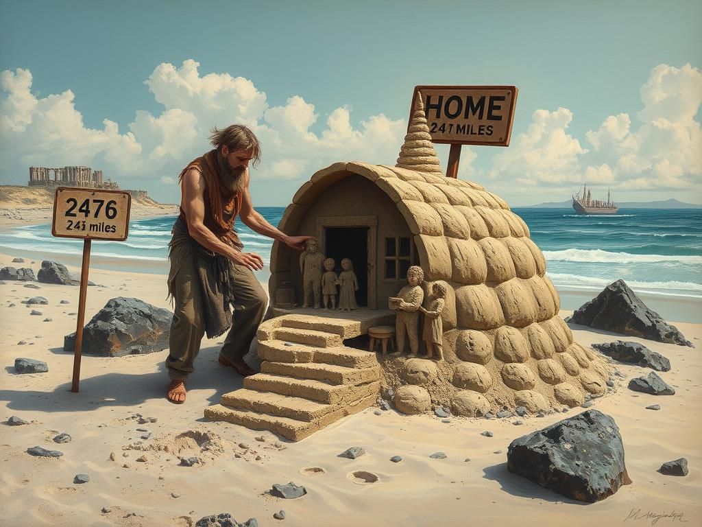 Post-Apocalyptic Sand Home: Surreal Oil Painting