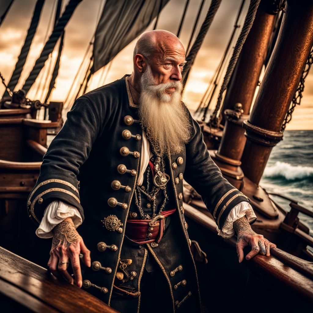 Hyperrealistic Pirate Ship Action Shot at Sunset