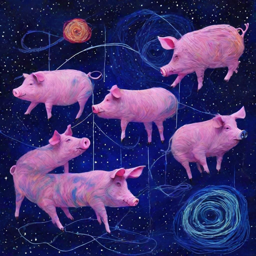 Surreal String Pigs in Starry Space Collage