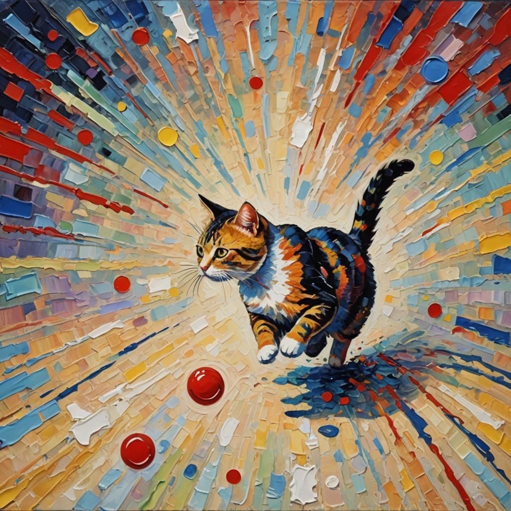 Cat and Red Dot: An Expressionist Oil Painting