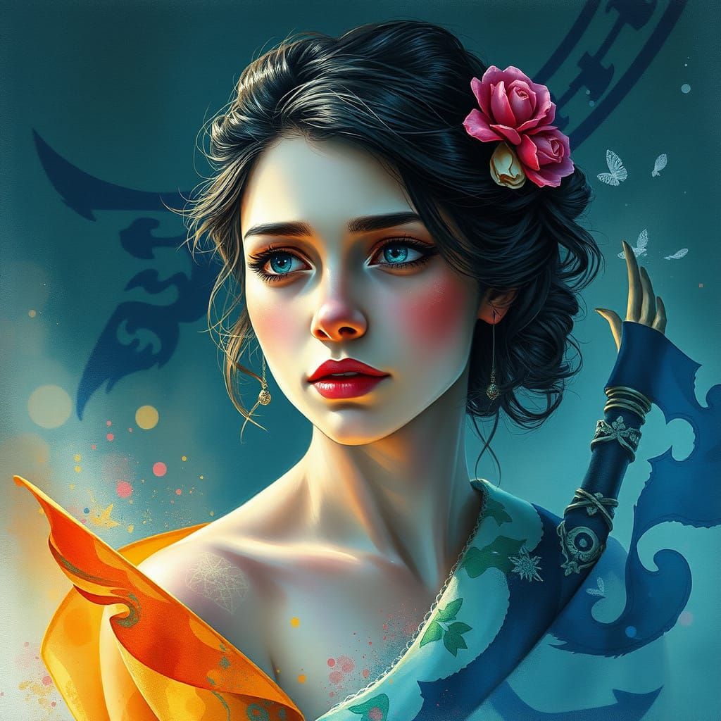 A Woman Waits in a Fantastical, Watercolor-Inspired Scene