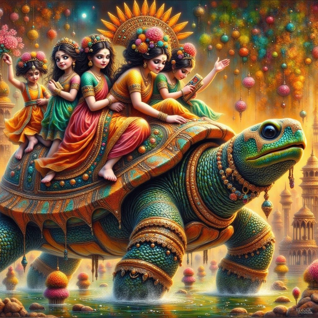 Indian Turtle Rider in Vibrant Indian Landscape