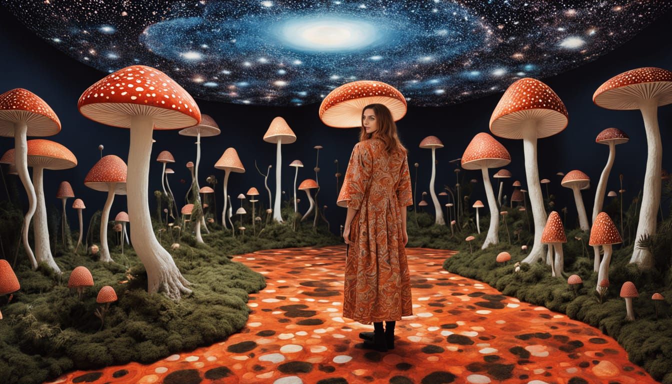 Surrealist Hippie in Infinity Mirrored Room with Glowing Eye...