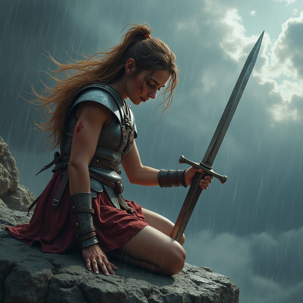 Weary Roman Centurion Finds Solace in Stormy Mountain Landsc...