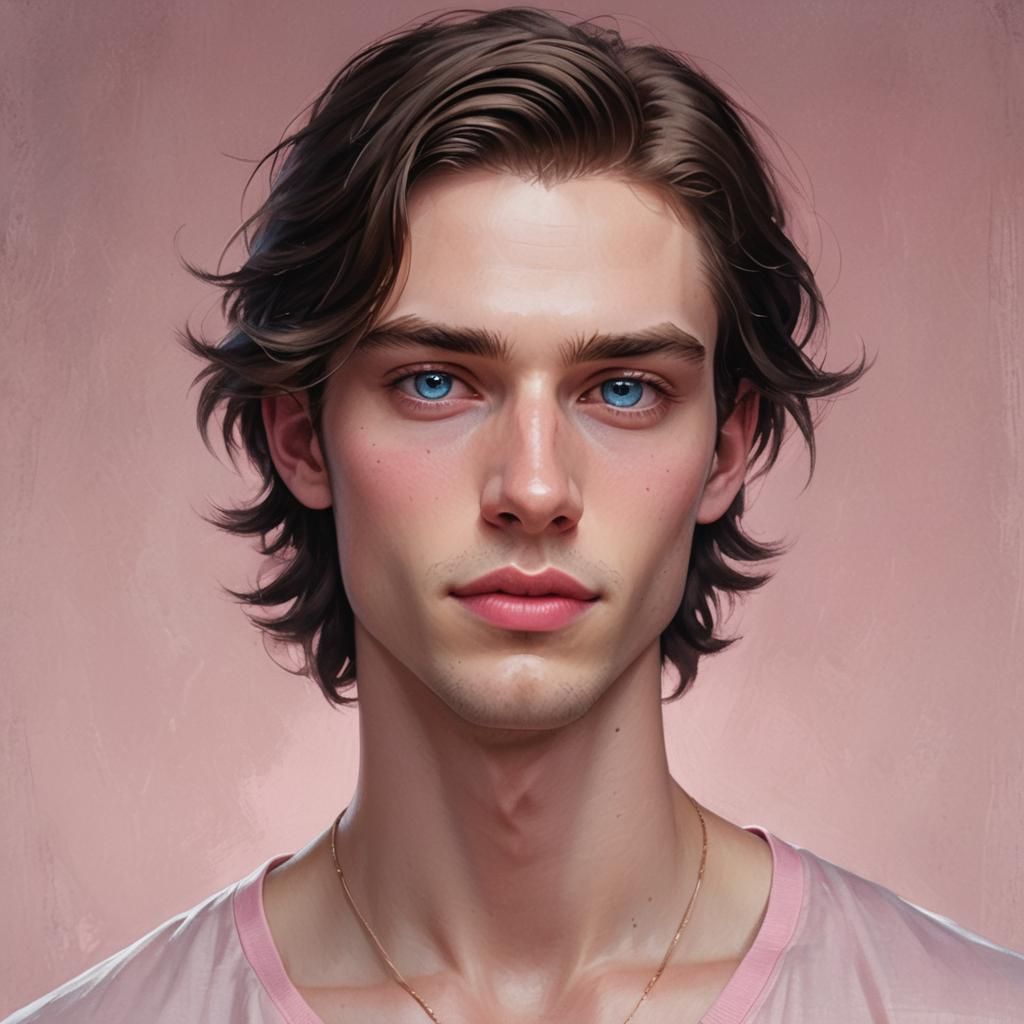 Artistic Portrait of Androgynous Young Man in Digital Art St...
