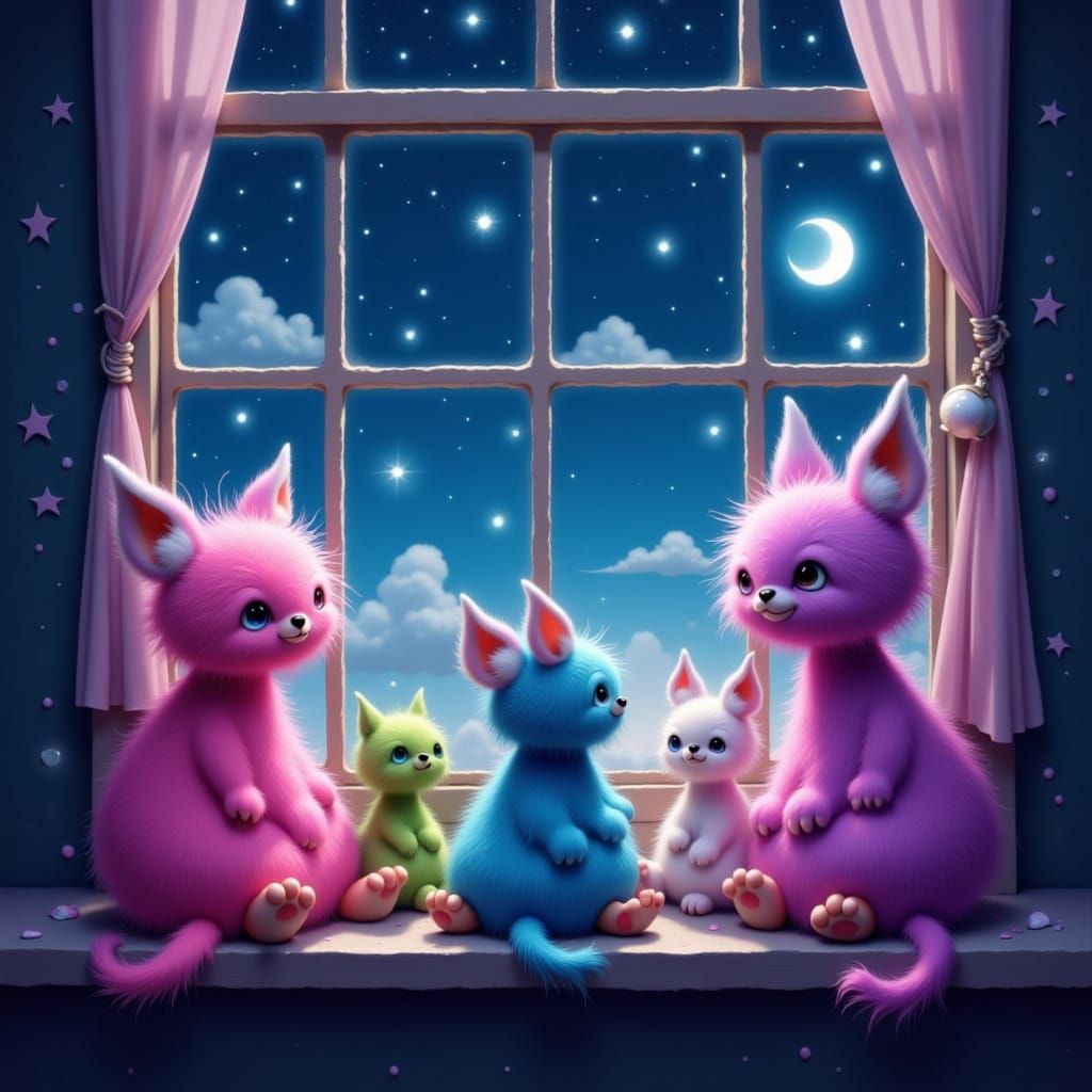 Playful Pastel Monsters Gaze at Starry Night
