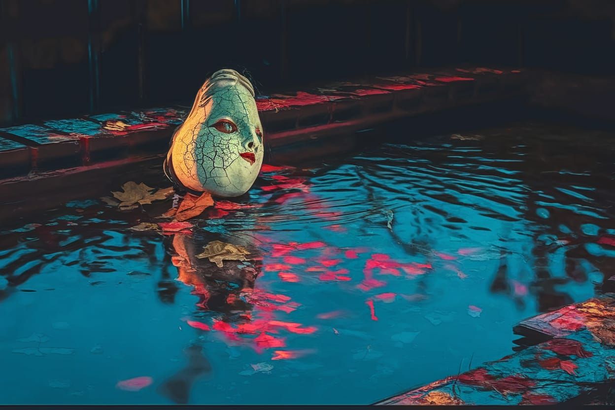 Antique Doll Head on Autumn Leaves in Golden Light