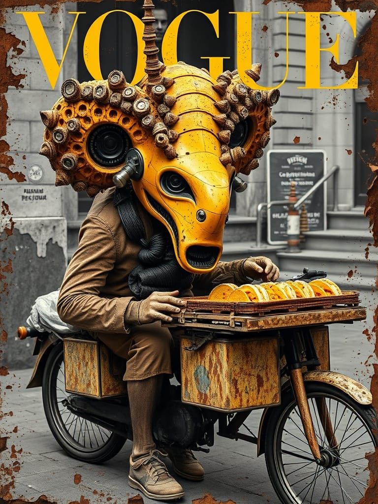 Surreal Fine Art Portrait of a Street Vendor in a Futuristic...