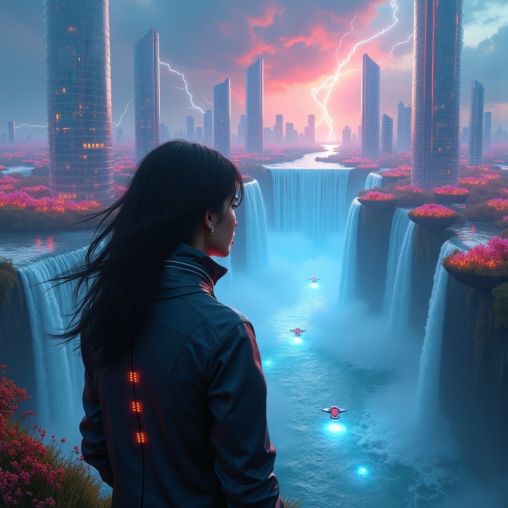 Futuristic Cityscape with Woman at Waterfall Edge