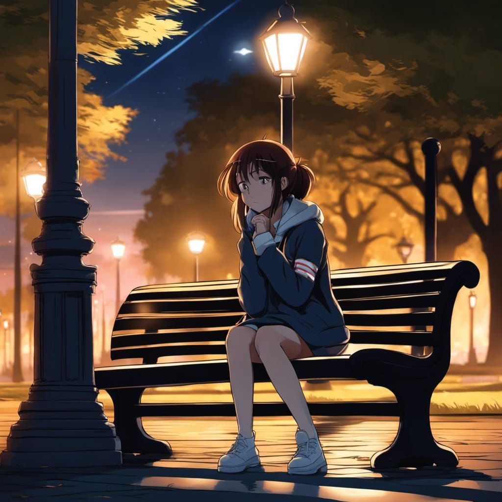 Anime Sad Girl Crying in Park at Night