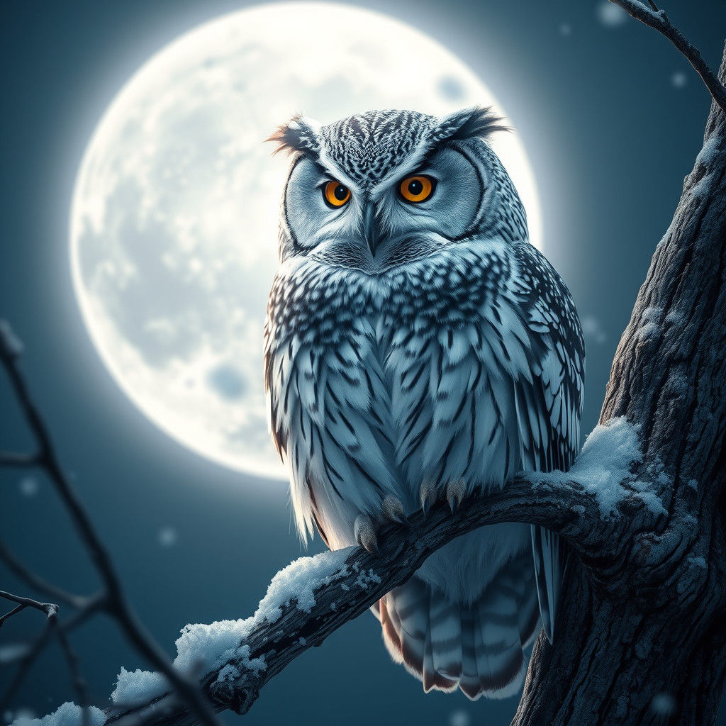 Majestic Owl Portrait Under Moonlight in Ornate Style