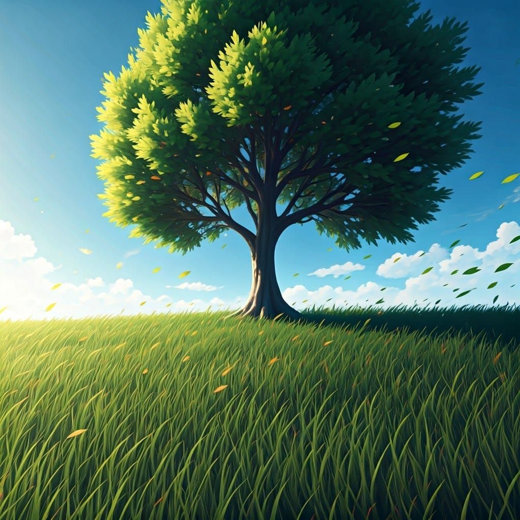 Windy Grass Field with Anime-Style Tree
