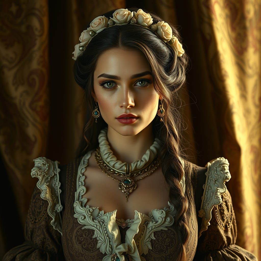 Colonial Woman in Opulent Fabrics, Detailed Realism